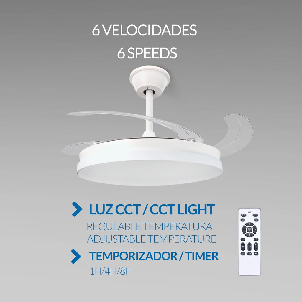 Mimotec White & Crystal Ceiling Fan with Light, 107 cm, Retractable Blades, 30W LED, DC Motor, Remote Control for Modern Home, Silent Operation, Energy Efficient, Perfect for Bedroom and Living Room
