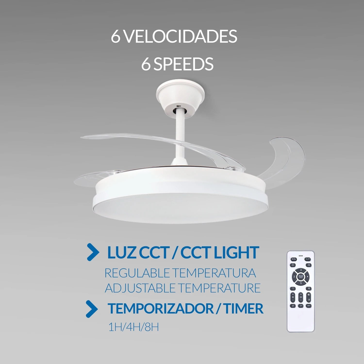 Mimotec White & Crystal Ceiling Fan with Light, 107 cm, Retractable Blades, 30W LED, DC Motor, Remote Control for Modern Home, Silent Operation, Energy Efficient, Perfect for Bedroom and Living Room