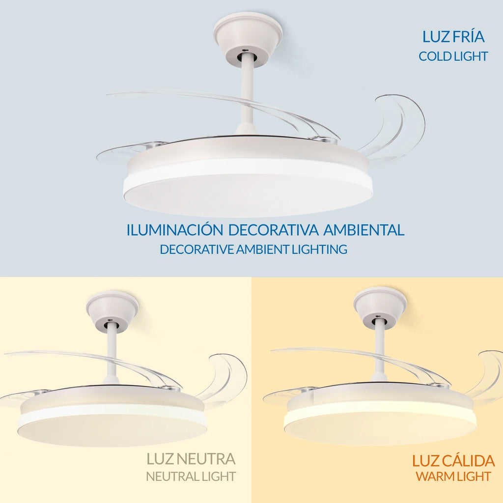 Mimotec White & Crystal Ceiling Fan with Light, 107 cm, Retractable Blades, 30W LED, DC Motor, Remote Control for Modern Home, Silent Operation, Energy Efficient, Perfect for Bedroom and Living Room