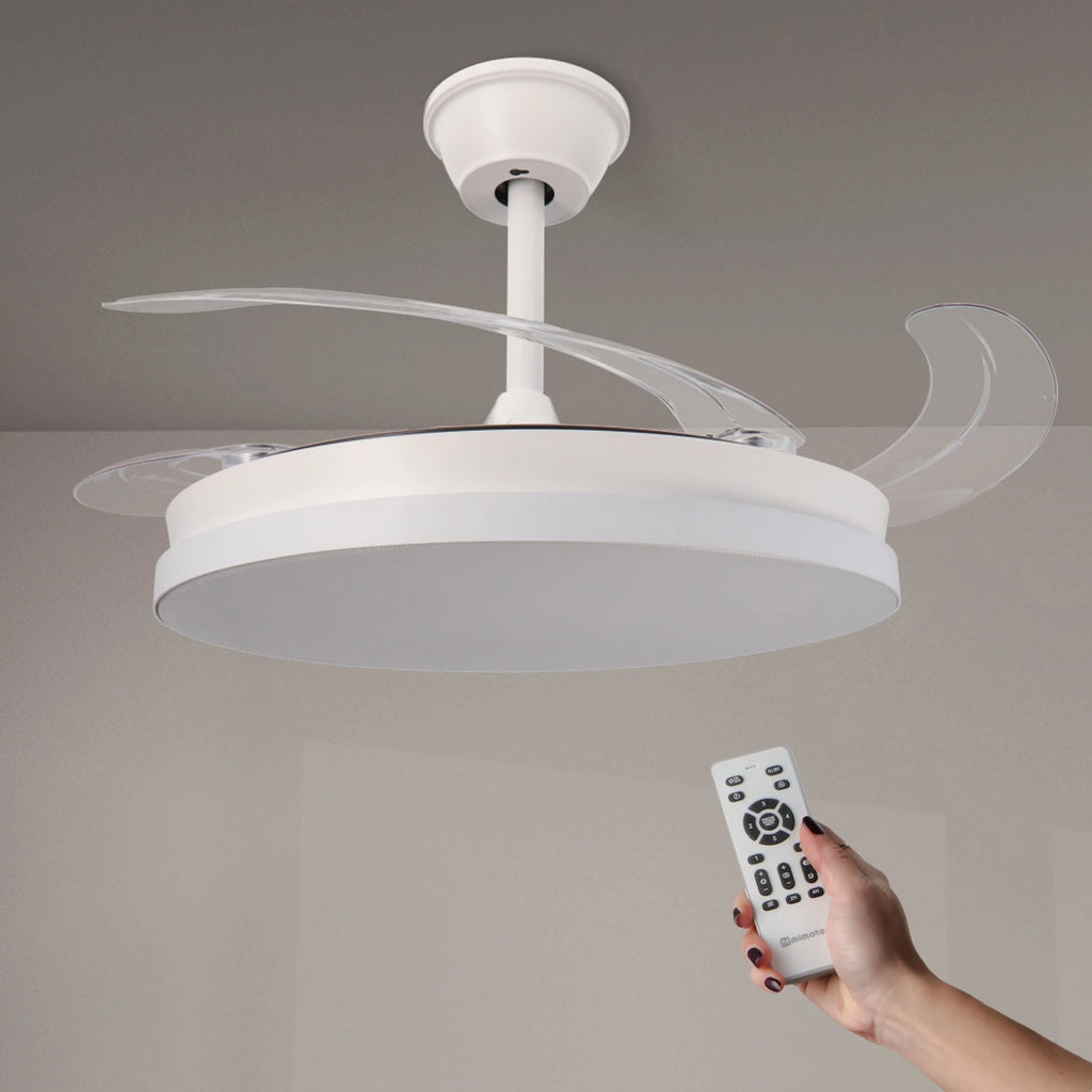 Mimotec White & Crystal Ceiling Fan with Light, 107 cm, Retractable Blades, 30W LED, DC Motor, Remote Control for Modern Home, Silent Operation, Energy Efficient, Perfect for Bedroom and Living Room