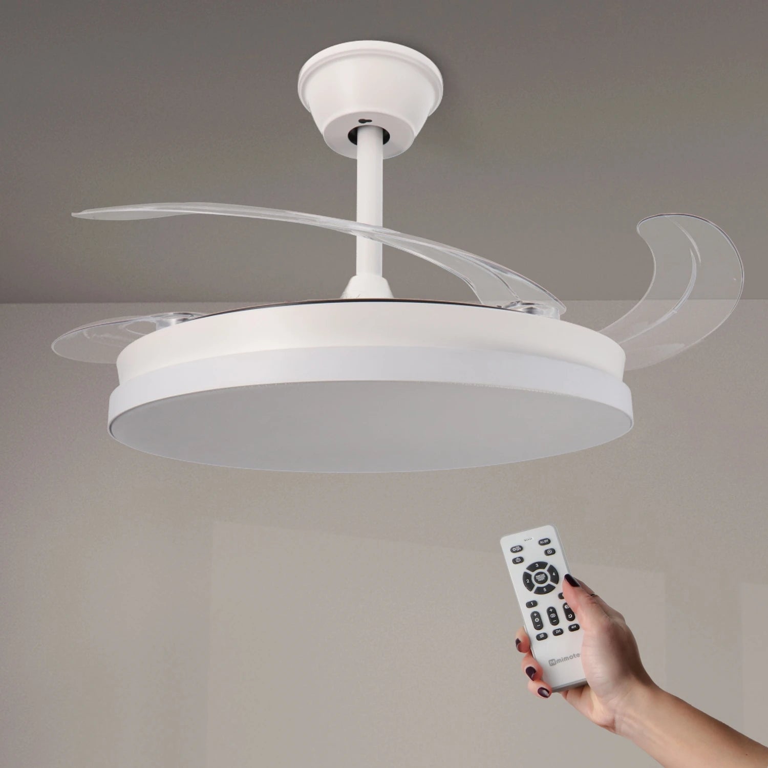 Mimotec White & Crystal Ceiling Fan with Light, 107 cm, Retractable Blades, 30W LED, DC Motor, Remote Control for Modern Home, Silent Operation, Energy Efficient, Perfect for Bedroom and Living Room